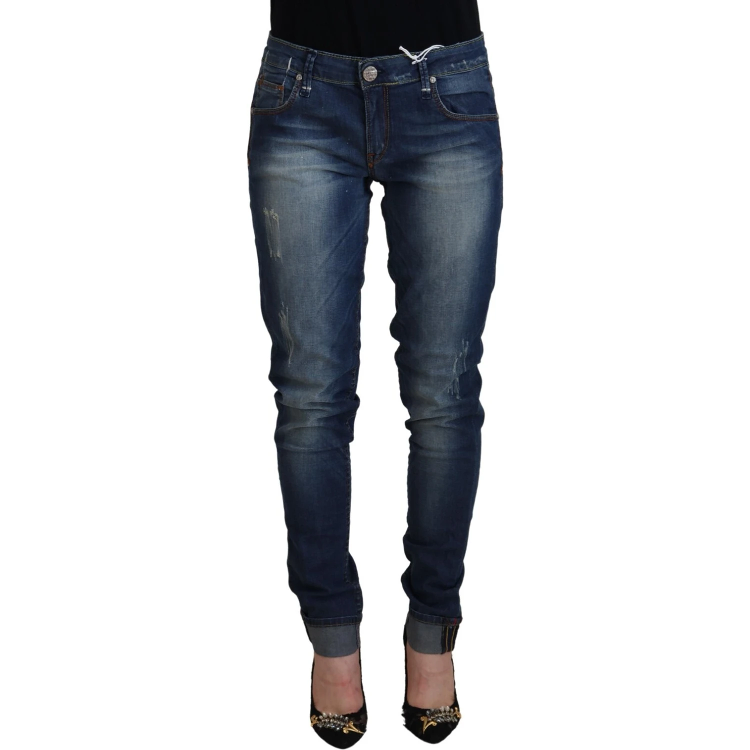 Blue Washed Cotton Slim Fit Women Denim Pants Jeans