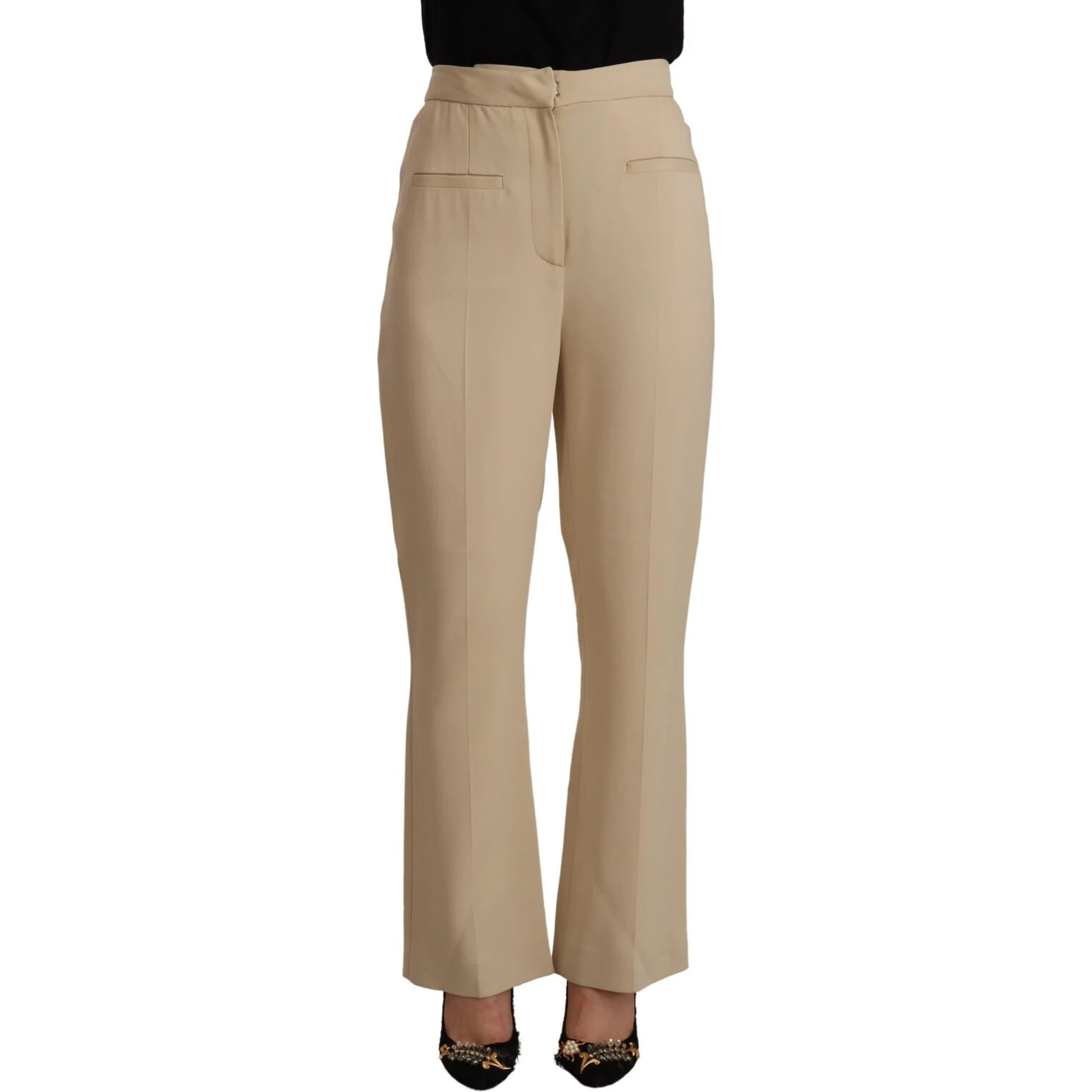 Beige Viscose High Waist Flared Dress Trouser Pants