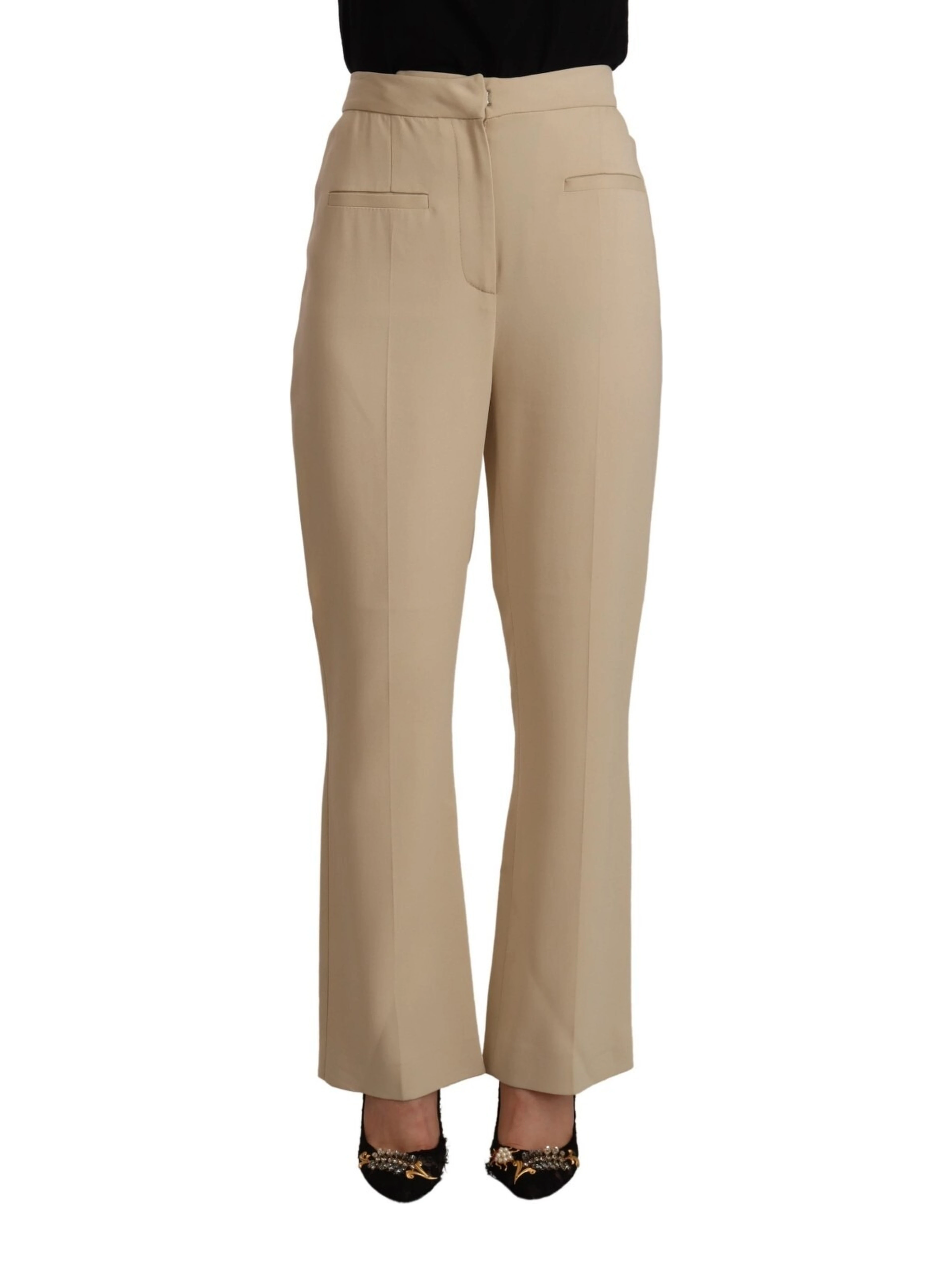 Beige Viscose High Waist Flared Dress Trouser Pants