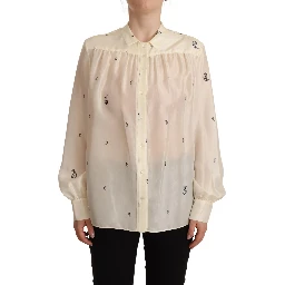 Off White 100% Silk Long Sleeves Collared Top Blouse