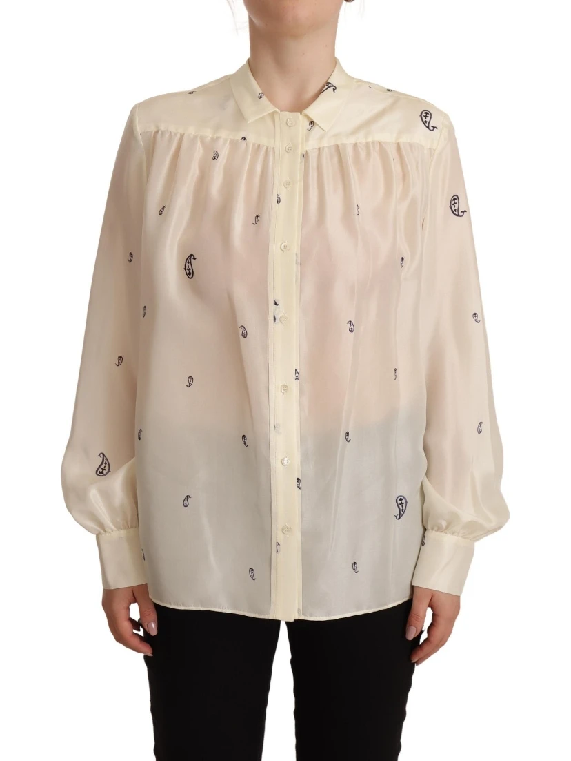 Off White 100% Silk Long Sleeves Collared Top Blouse