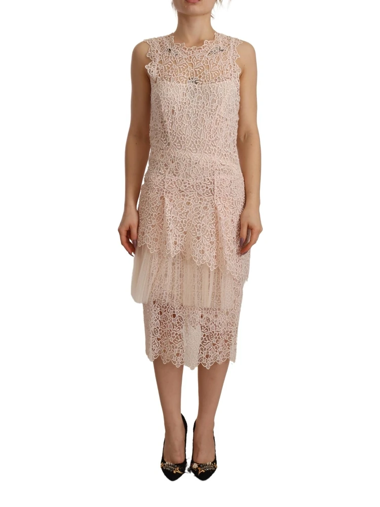 Sheath Tiered Beige Viscose Sleeveless Midi Dress