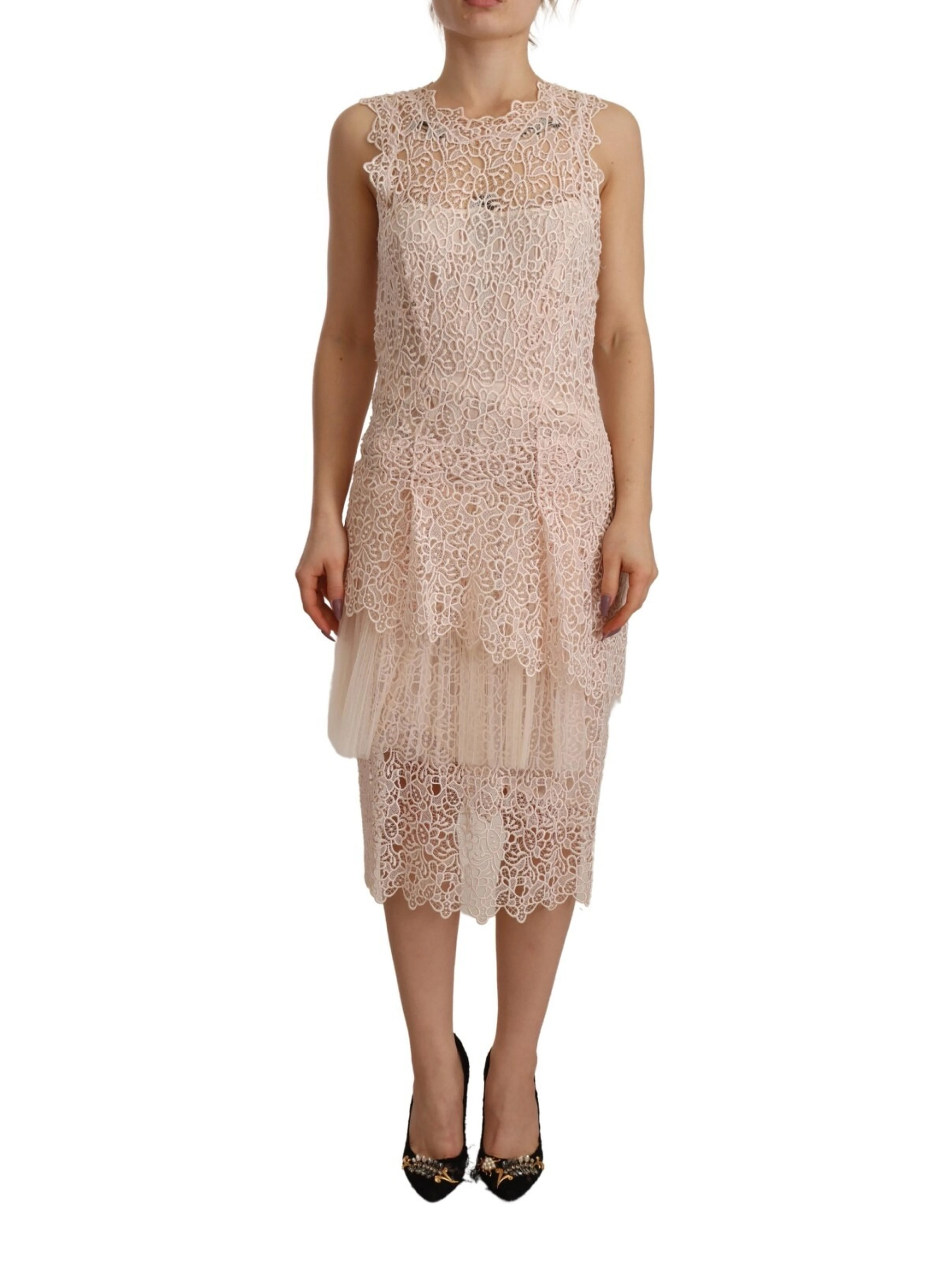 Sheath Tiered Beige Viscose Sleeveless Midi Dress