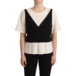 Black White Polyester Short Sleeves Top Blouse