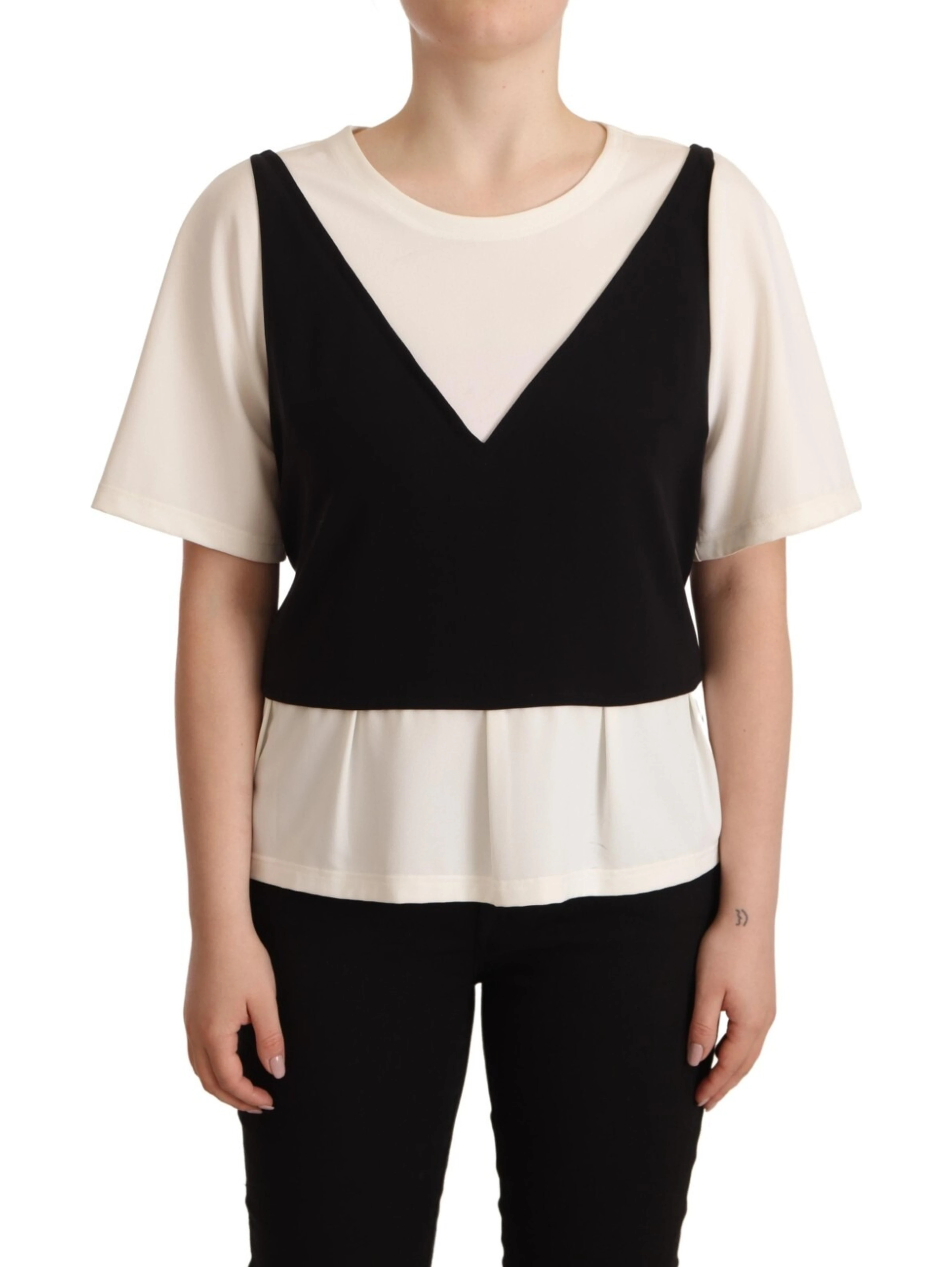 Black White Polyester Short Sleeves Top Blouse