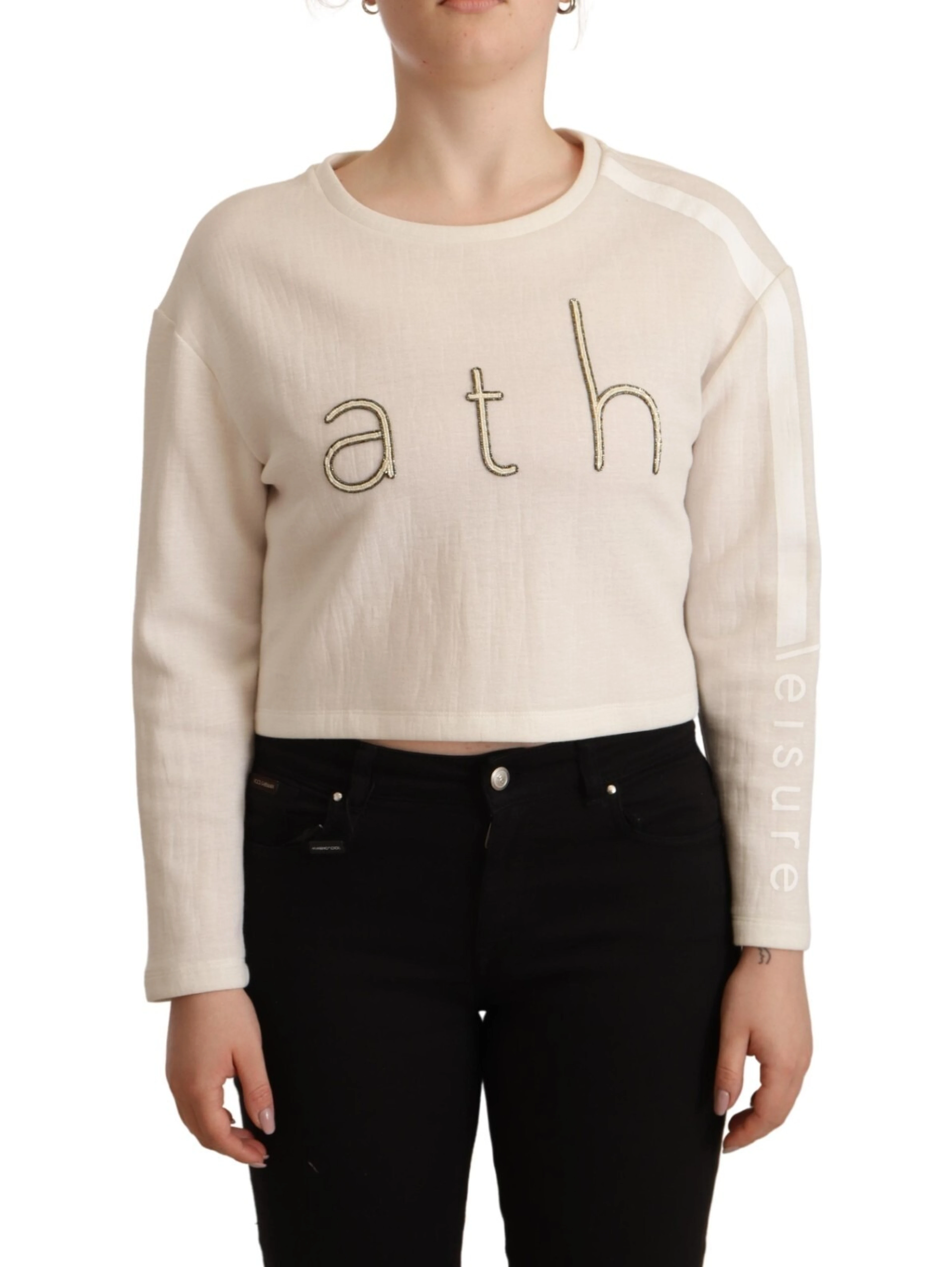 Beige Logo Long Sleeve Cropped Pullover Sweater