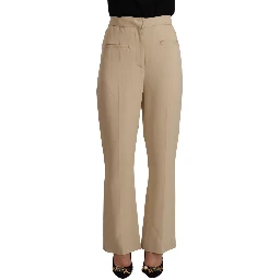 Beige Viscose High Waist Flared Dress Trouser Pants