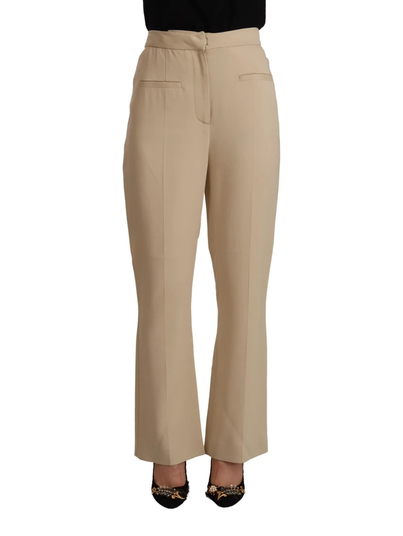 Beige Viscose High Waist Flared Dress Trouser Pants