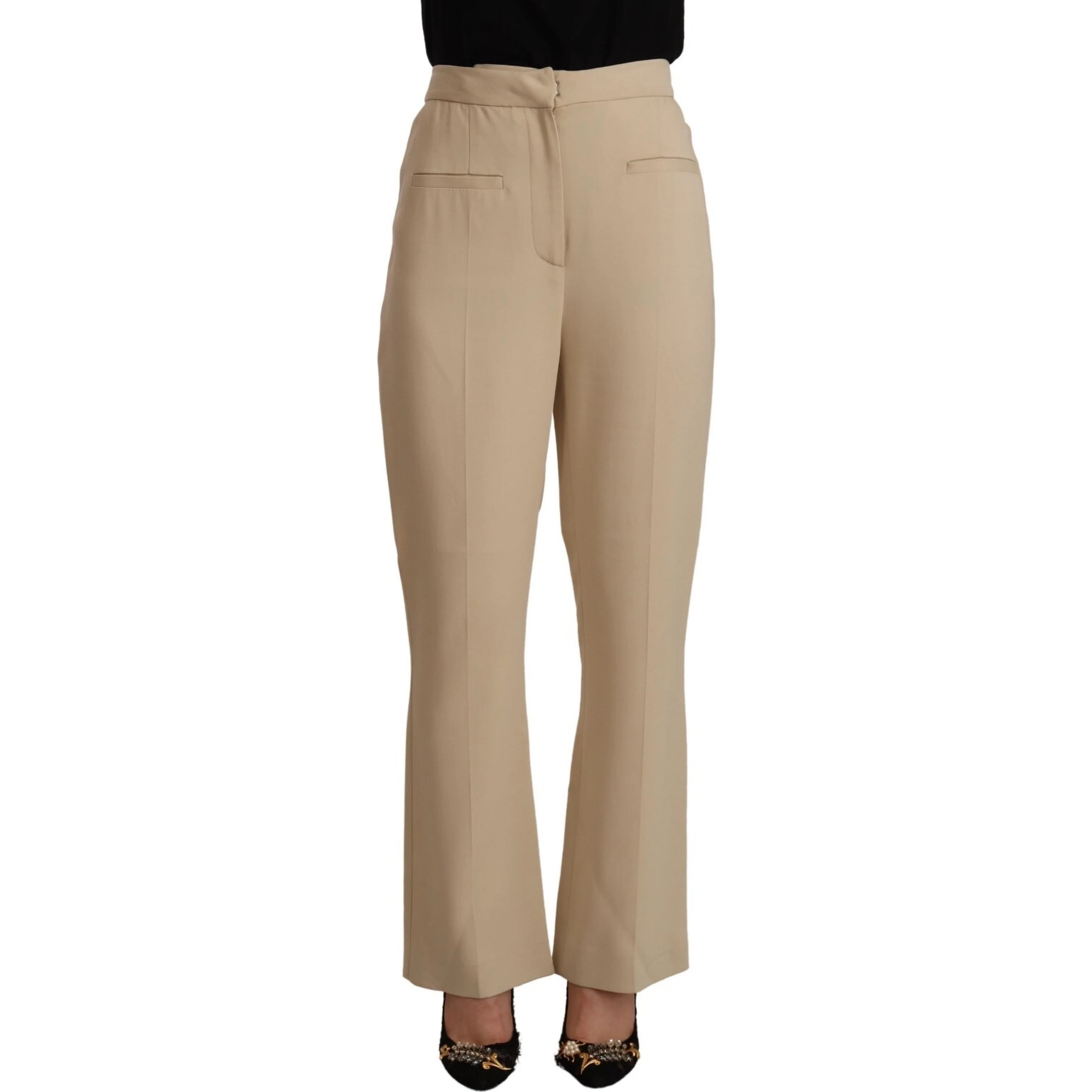 Beige Viscose High Waist Flared Dress Trouser Pants