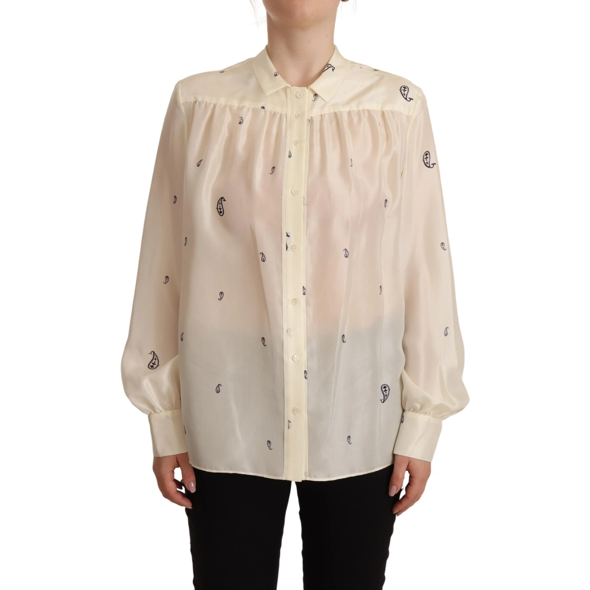 Off White 100% Silk Long Sleeves Collared Top Blouse