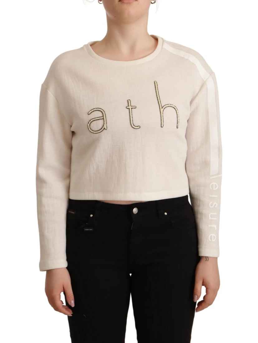 Beige Logo Long Sleeve Cropped Pullover Sweater
