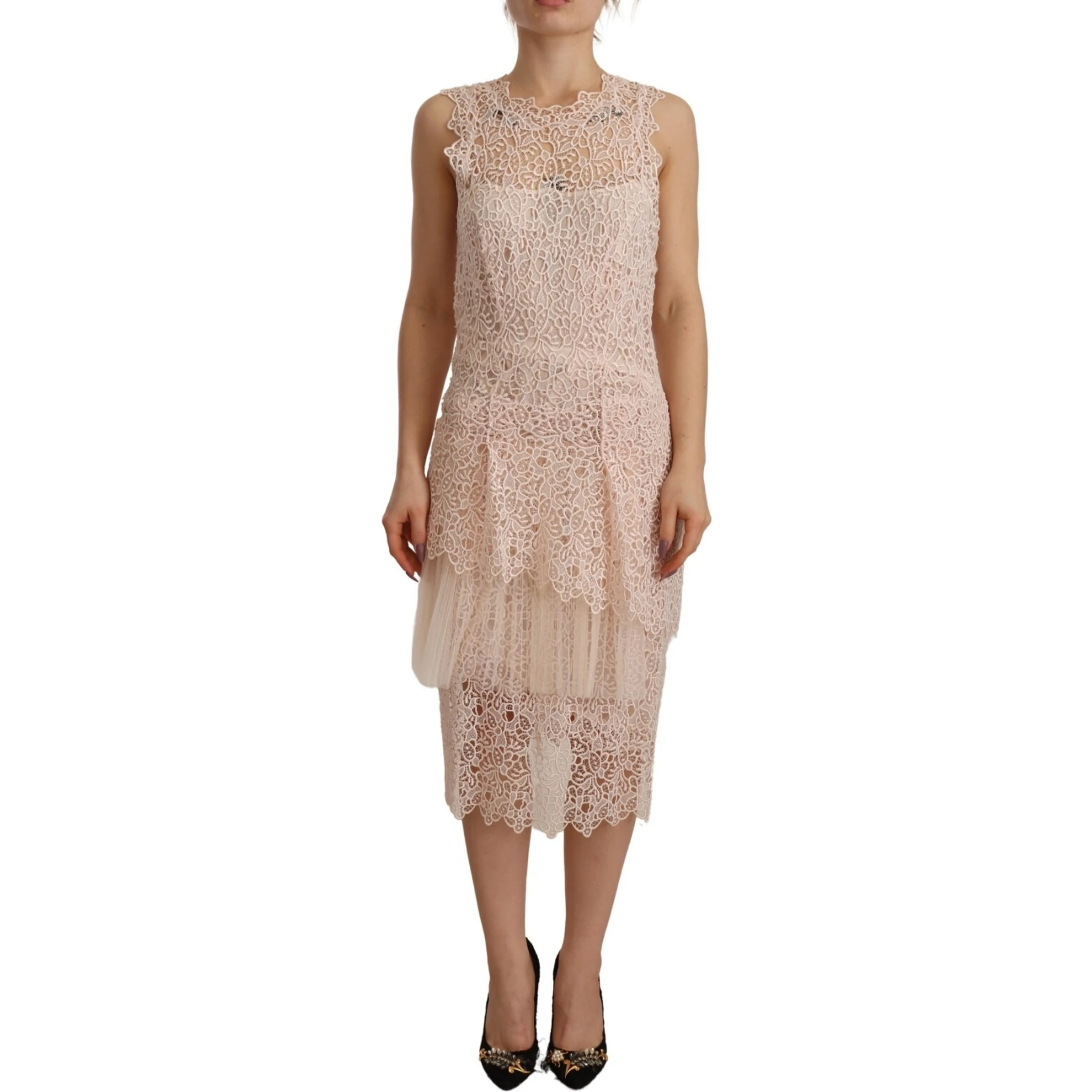 Sheath Tiered Beige Viscose Sleeveless Midi Dress