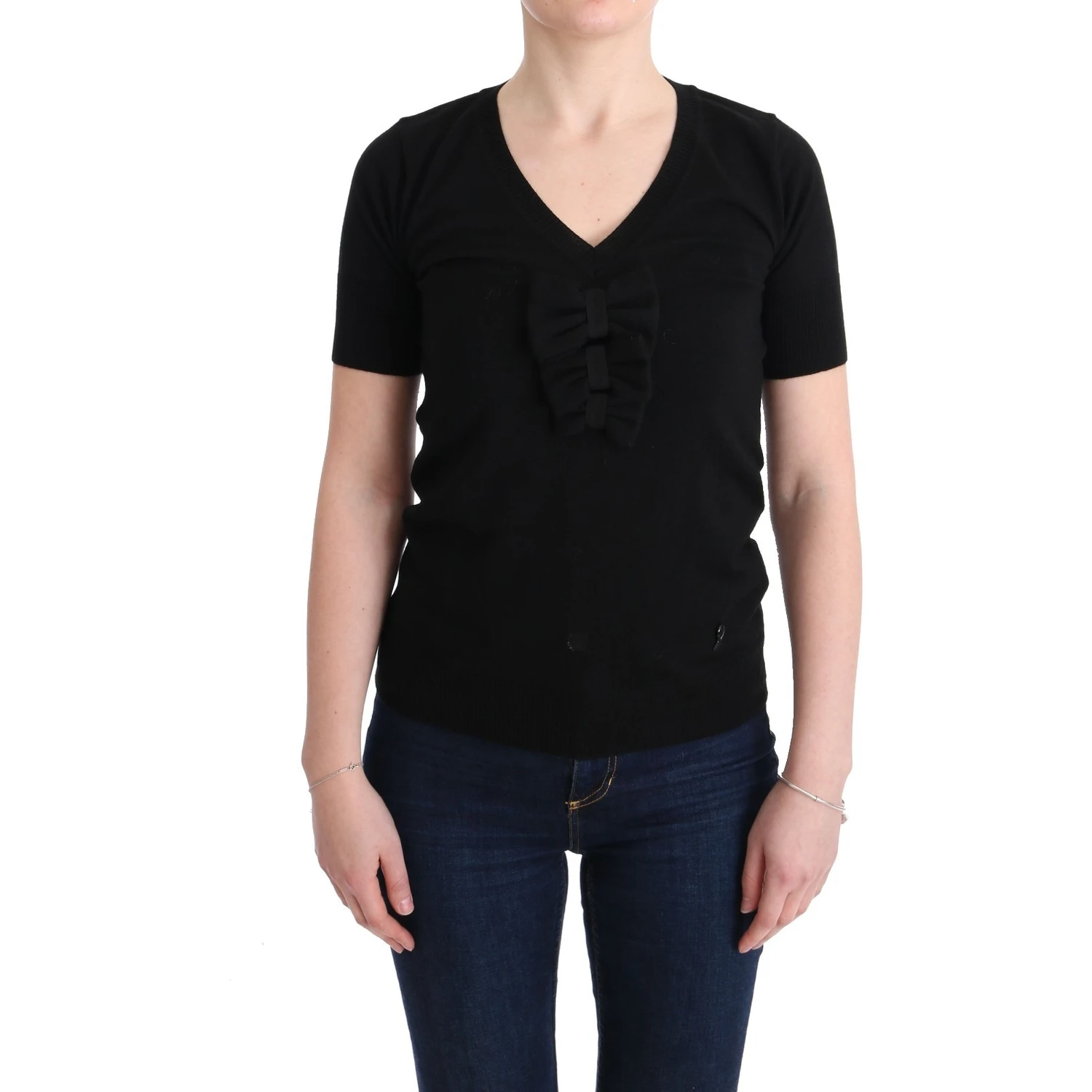 Black 100% Lana Wool Blouse Women T-shirt Top