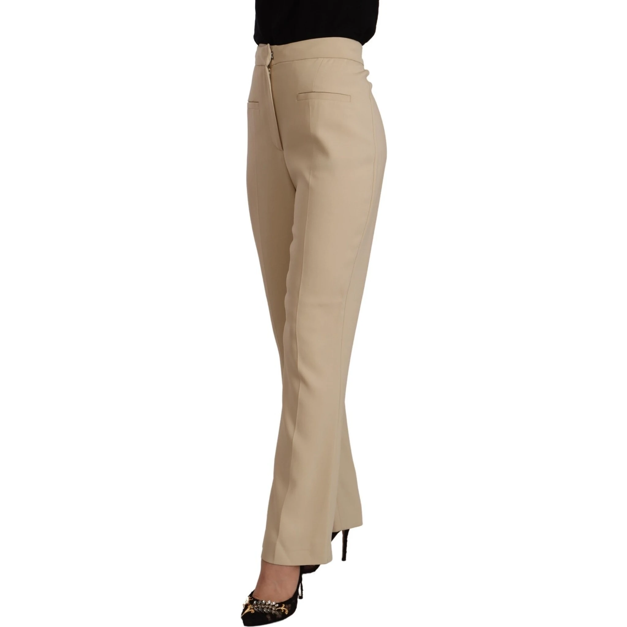 Beige Viscose High Waist Flared Dress Trouser Pants
