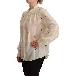 Off White 100% Silk Long Sleeves Collared Top Blouse