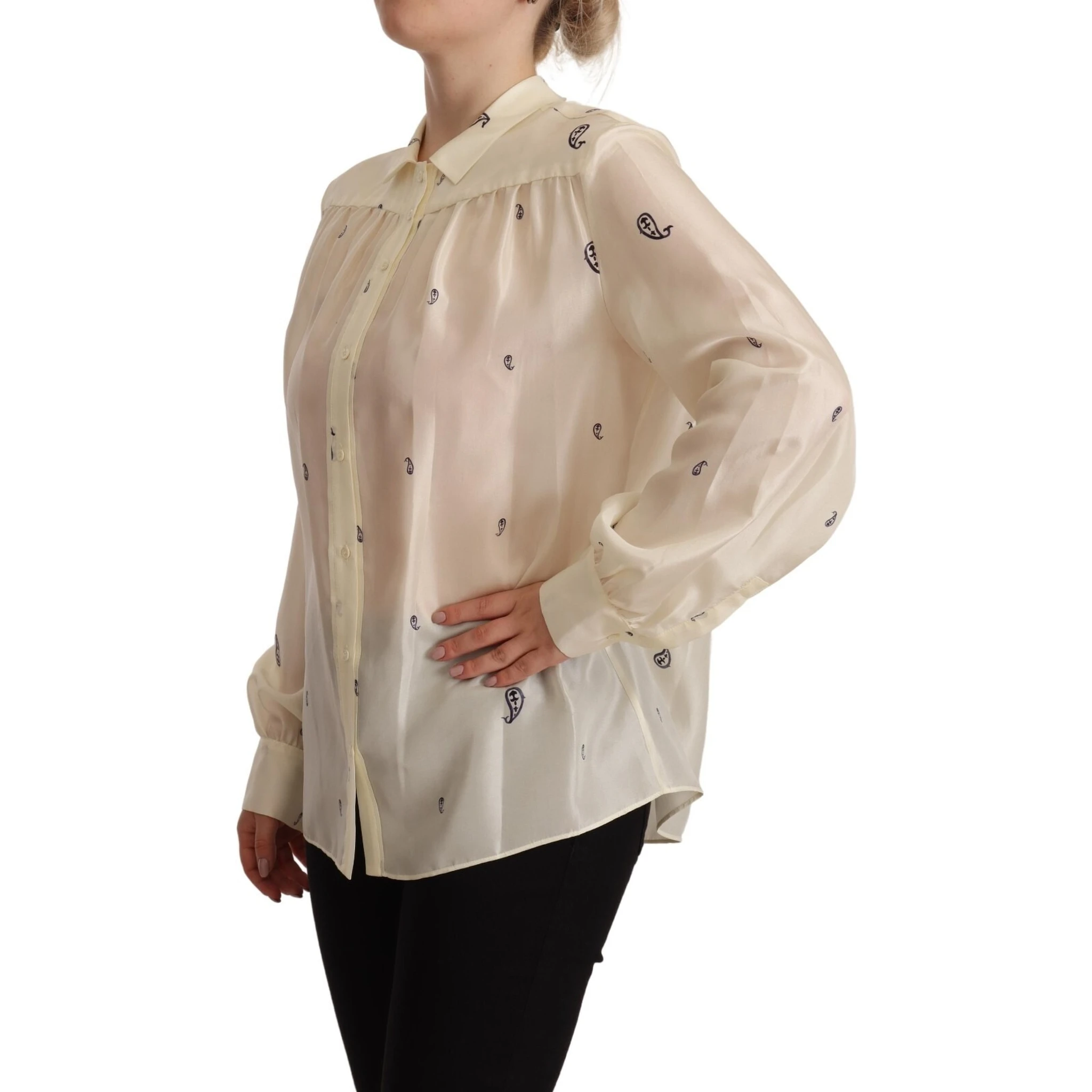Off White 100% Silk Long Sleeves Collared Top Blouse