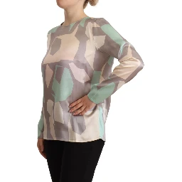Multicolor Silk Long Sleeves Round Neck Top Blouse