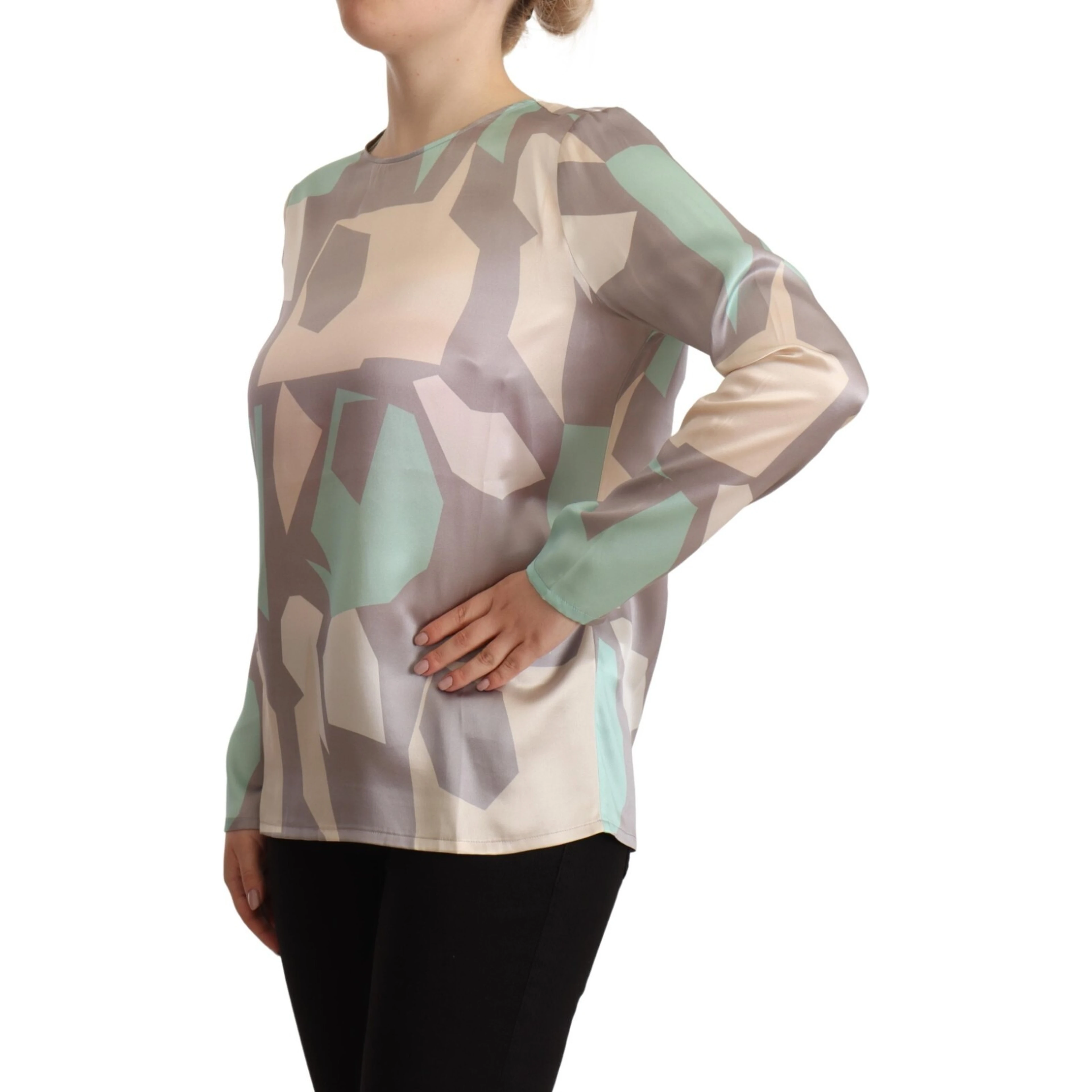 Multicolor Silk Long Sleeves Round Neck Top Blouse