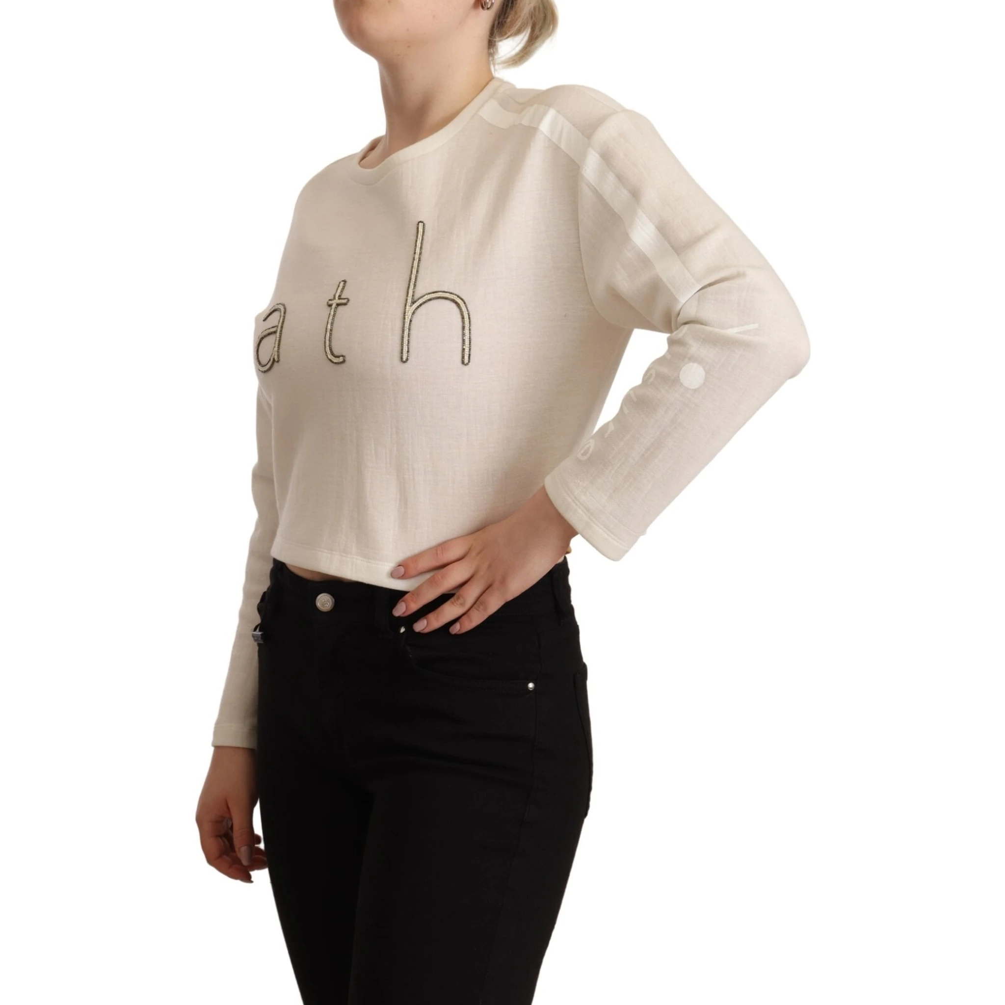 Beige Logo Long Sleeve Cropped Pullover Sweater