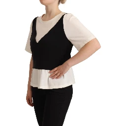 Black White Polyester Short Sleeves Top Blouse