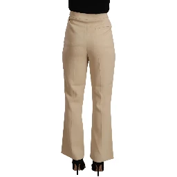Beige Viscose High Waist Flared Dress Trouser Pants