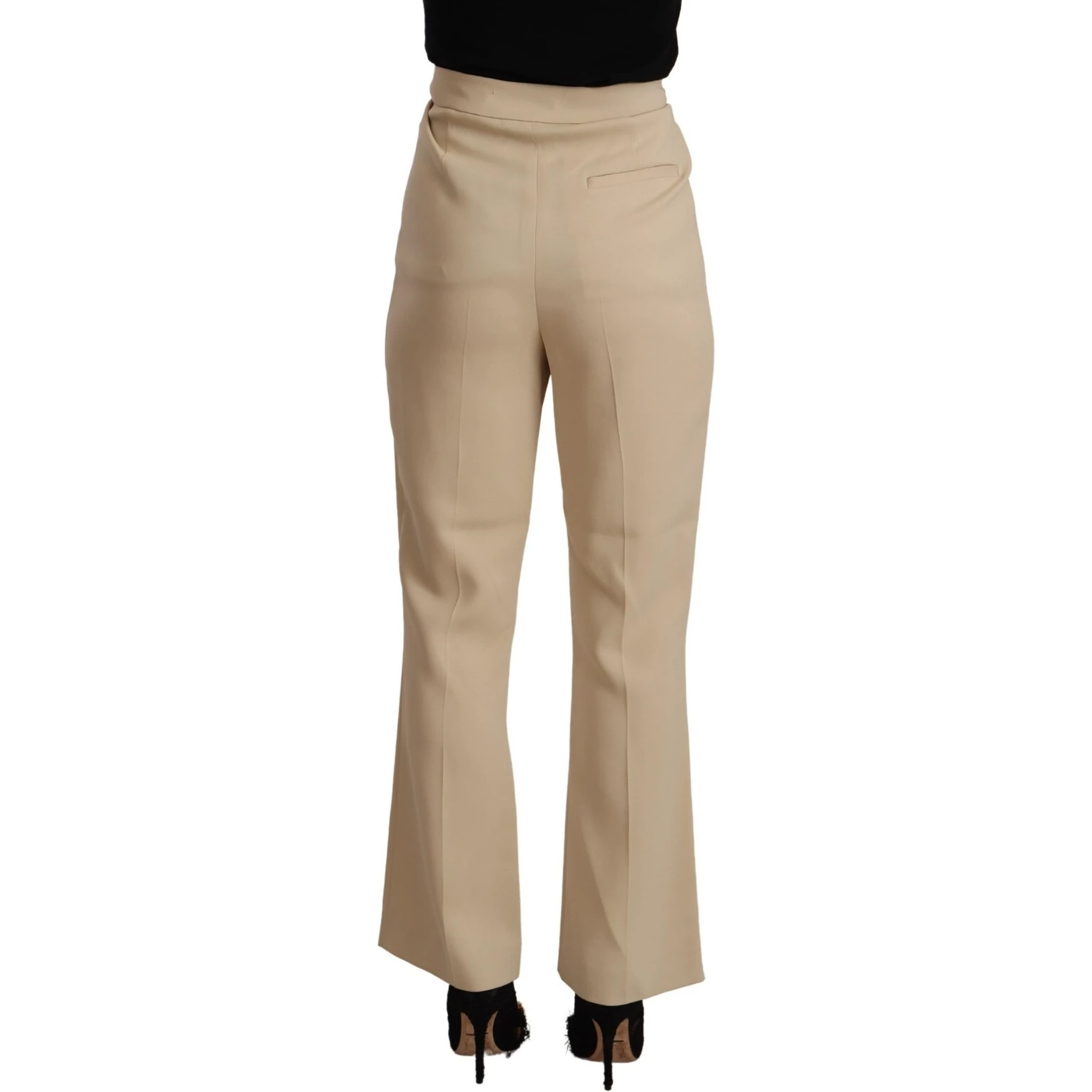 Beige Viscose High Waist Flared Dress Trouser Pants