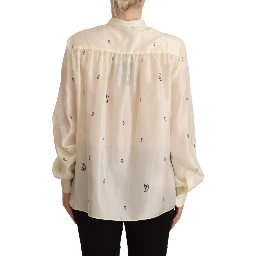 Off White 100% Silk Long Sleeves Collared Top Blouse