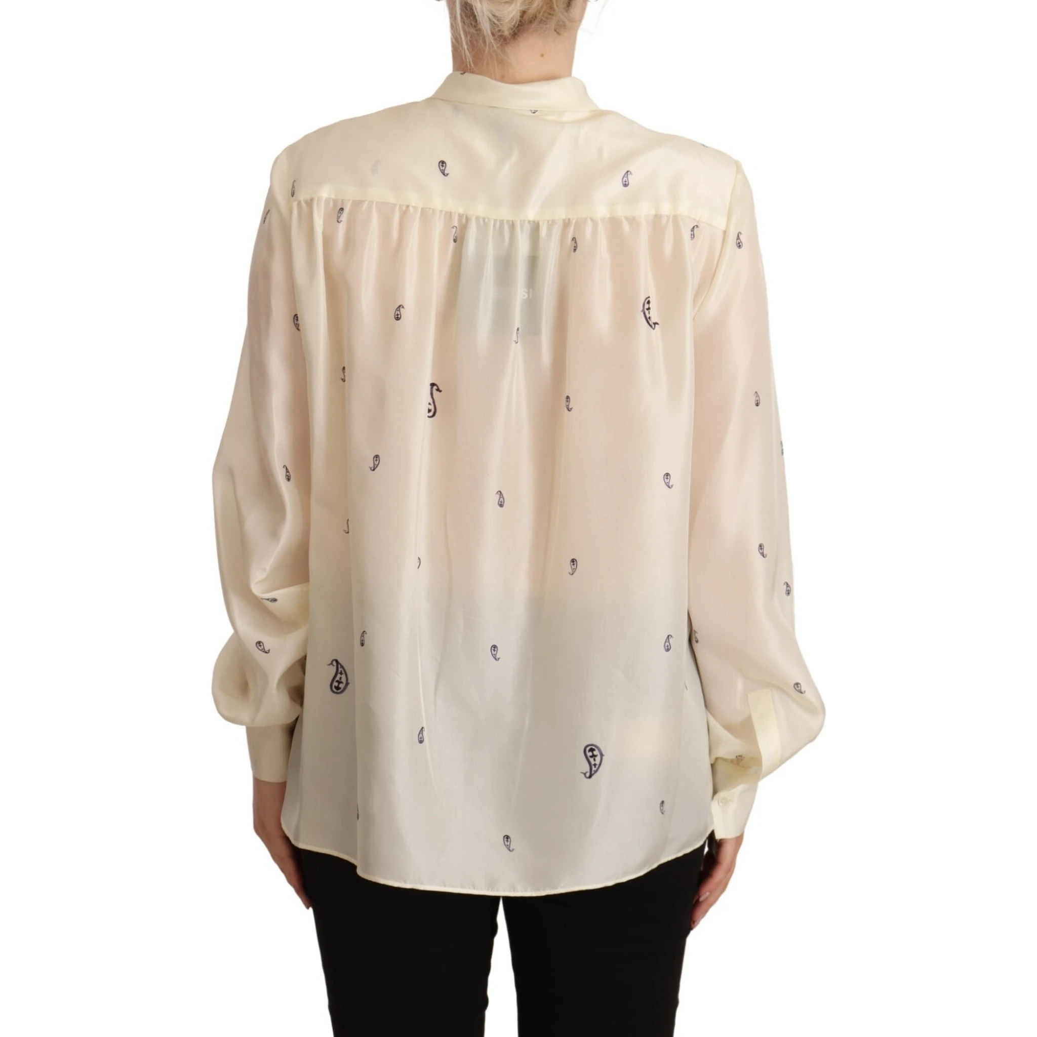 Off White 100% Silk Long Sleeves Collared Top Blouse