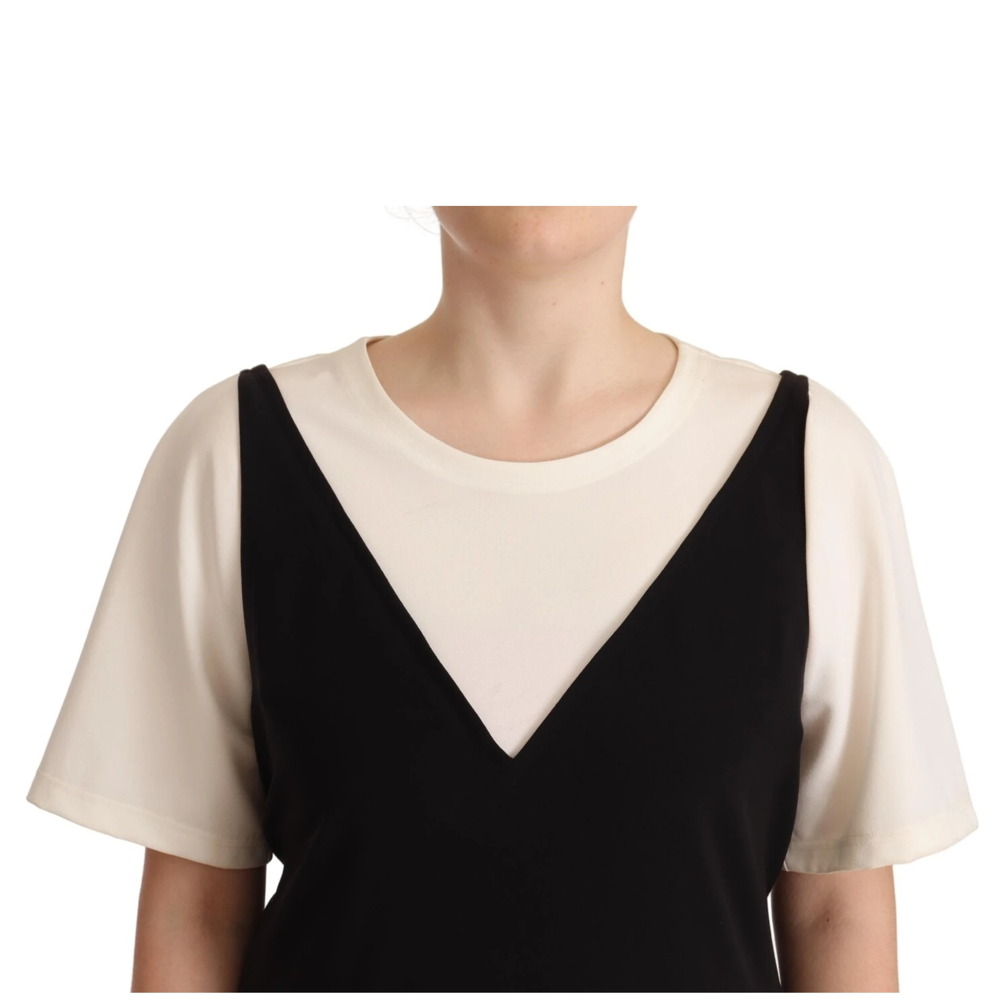 Black White Polyester Short Sleeves Top Blouse