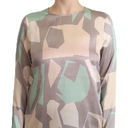 Multicolor Silk Long Sleeves Round Neck Top Blouse