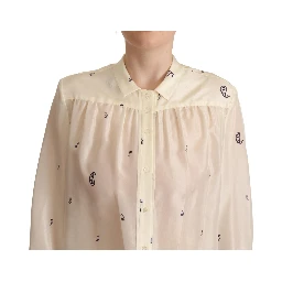 Off White 100% Silk Long Sleeves Collared Top Blouse