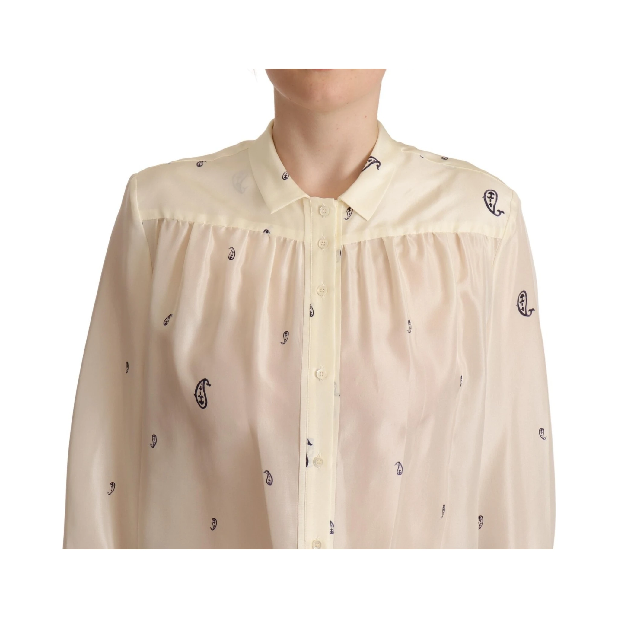 Off White 100% Silk Long Sleeves Collared Top Blouse