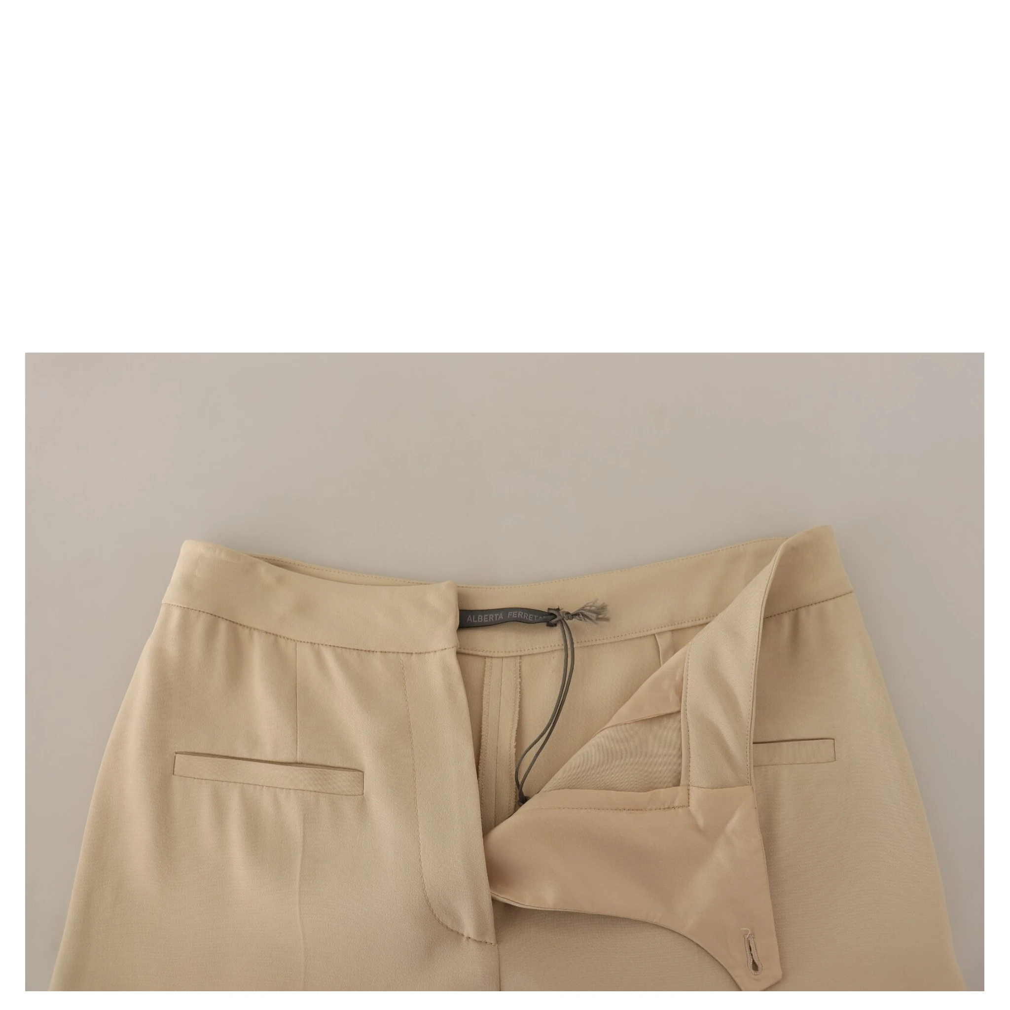 Beige Viscose High Waist Flared Dress Trouser Pants