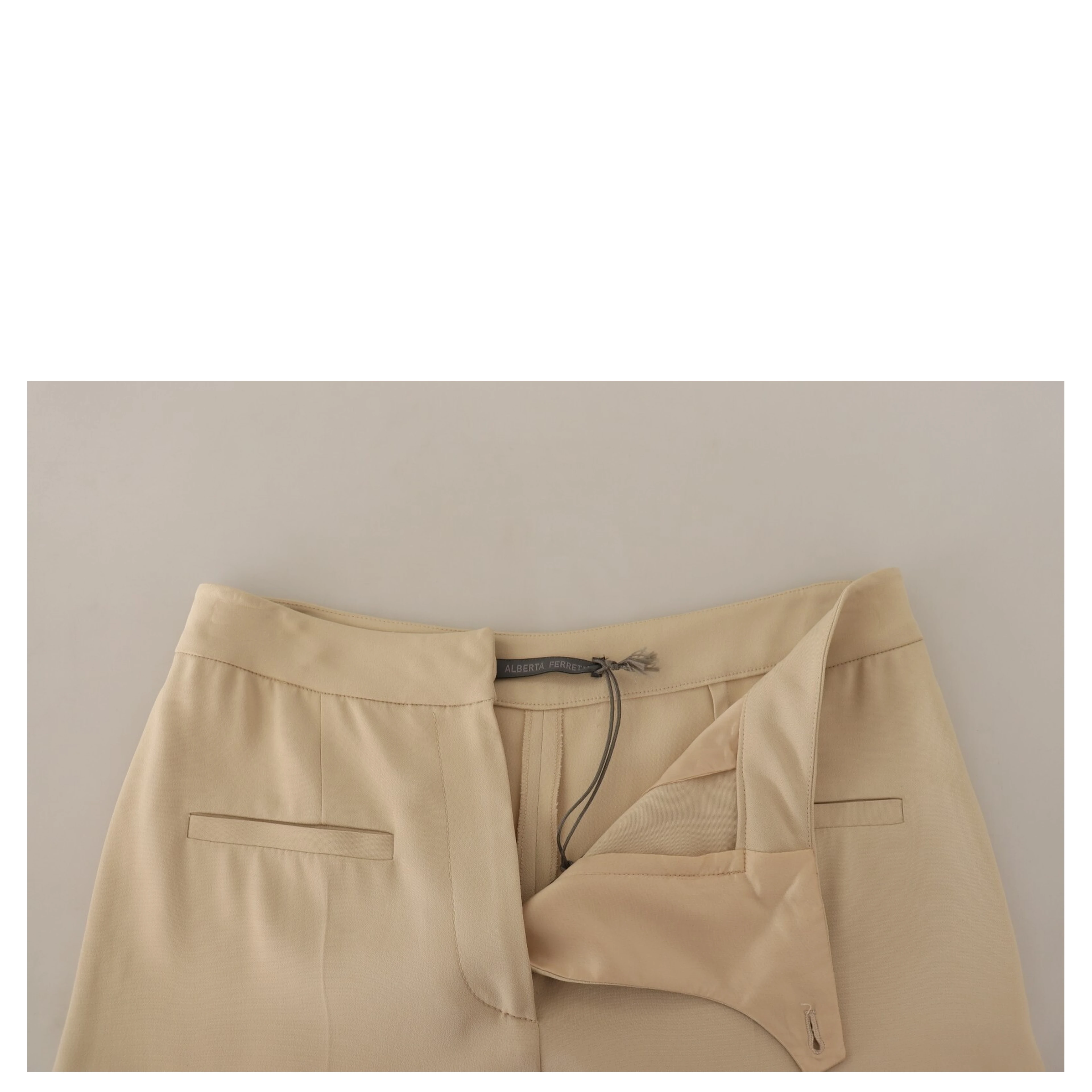 Beige Viscose High Waist Flared Dress Trouser Pants