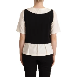 Black White Polyester Short Sleeves Top Blouse