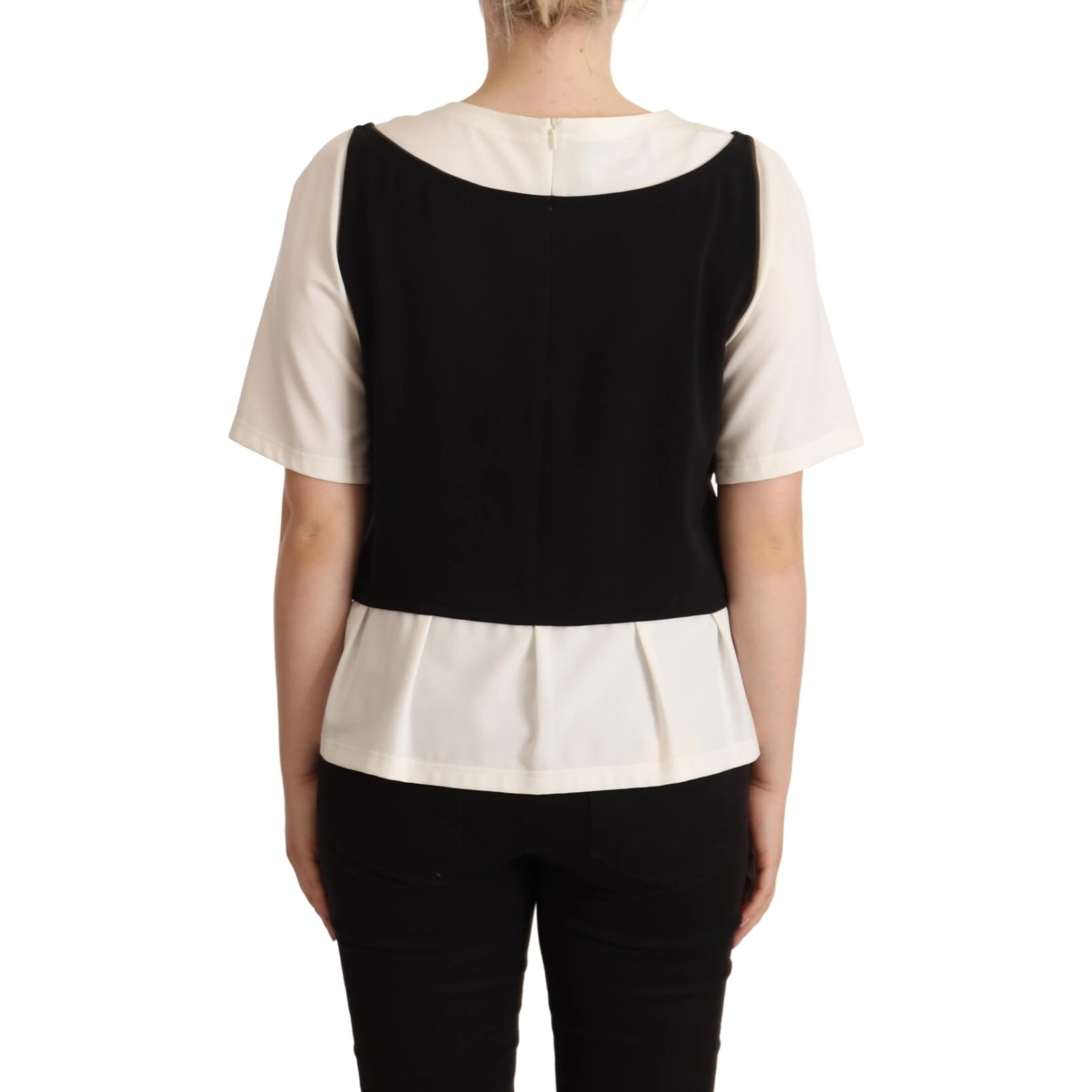 Black White Polyester Short Sleeves Top Blouse