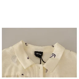 Off White 100% Silk Long Sleeves Collared Top Blouse