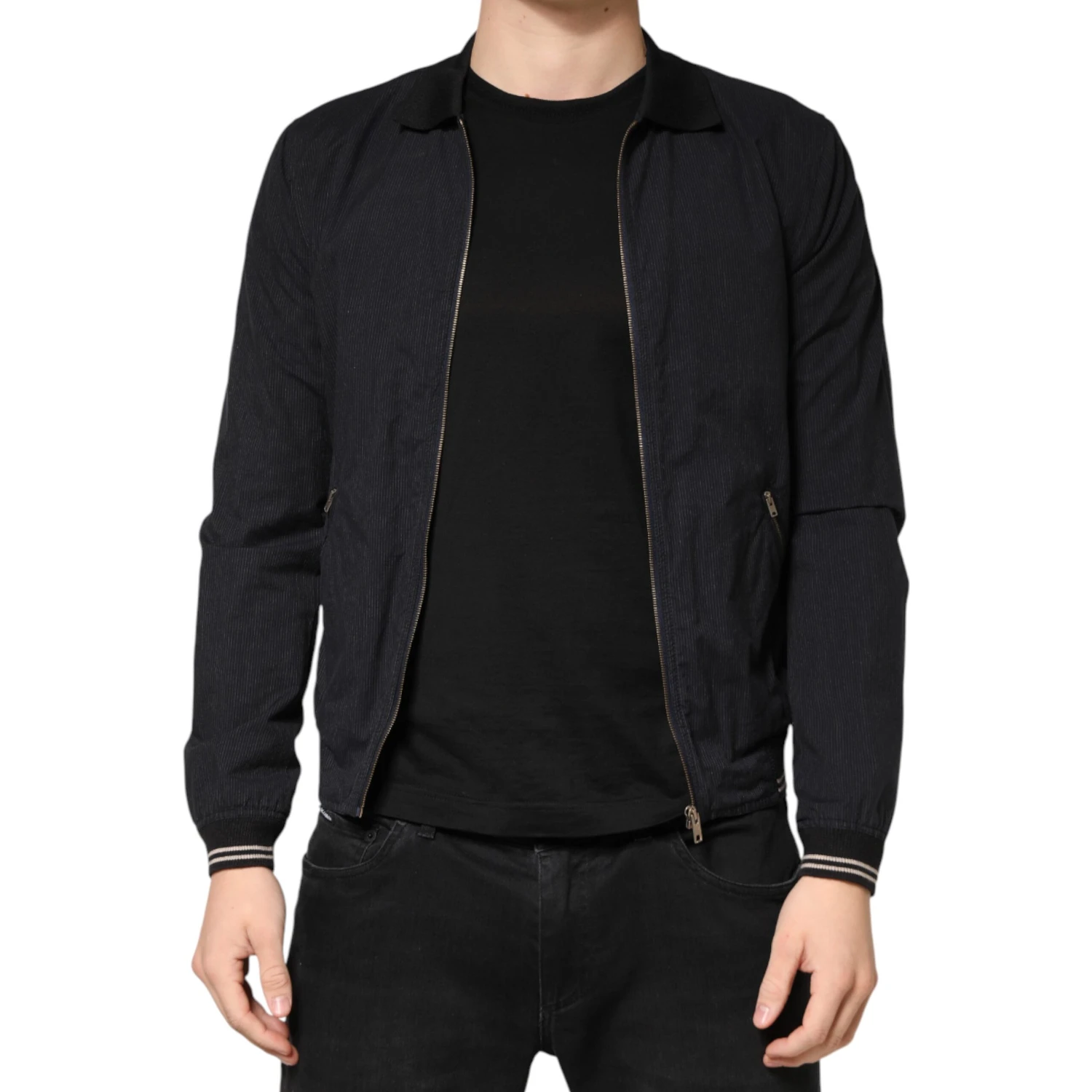 Dark Blue Cotton Full Zip Bomber Men Jacket