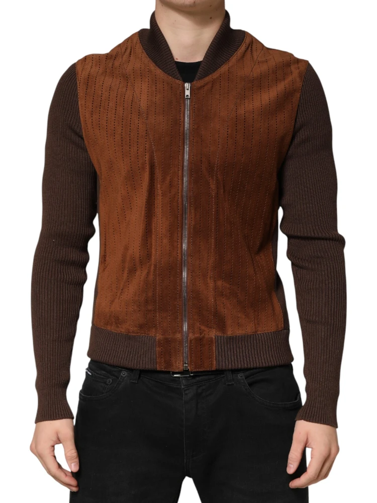 Brown Velvet Calfskin Full Zip Biker Jacket