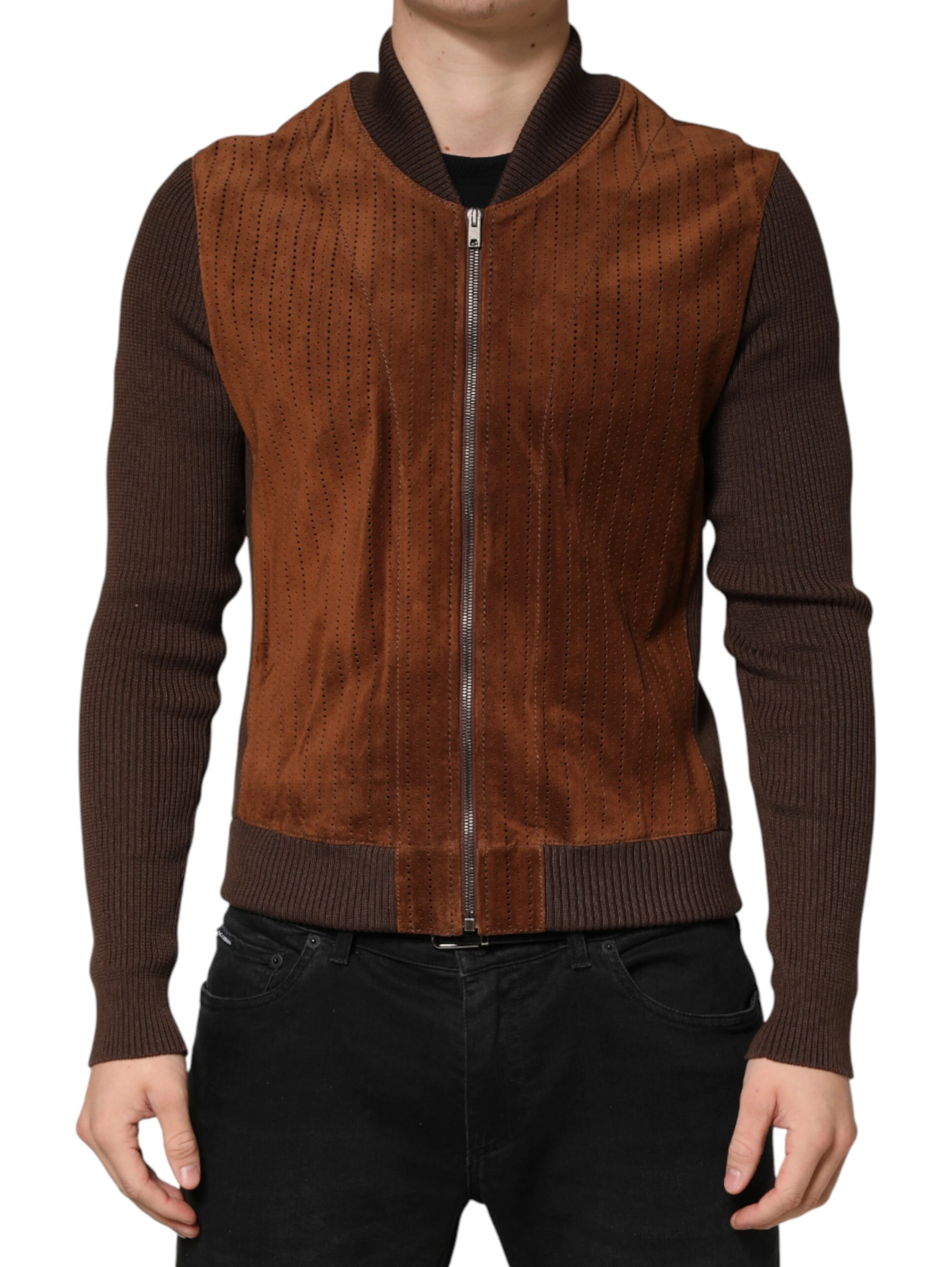 Brown Velvet Calfskin Full Zip Biker Jacket