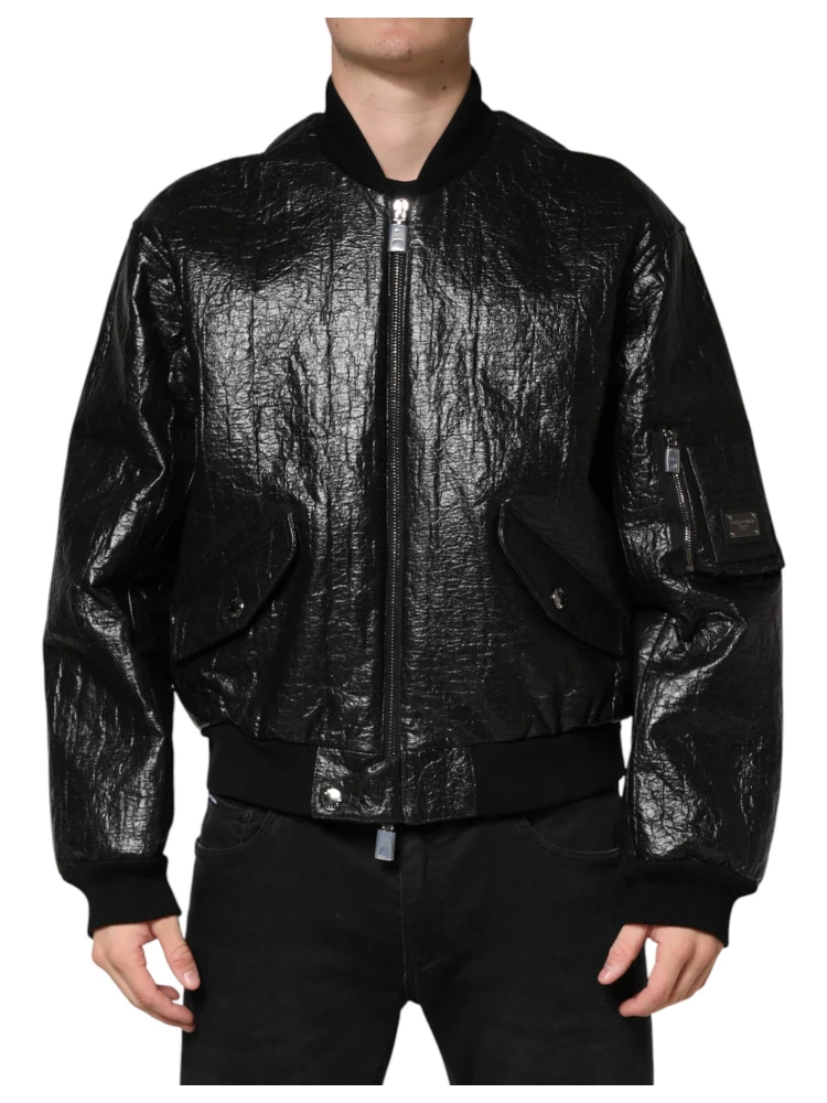 Black Cellulose Leather FullZip Biker Jacket