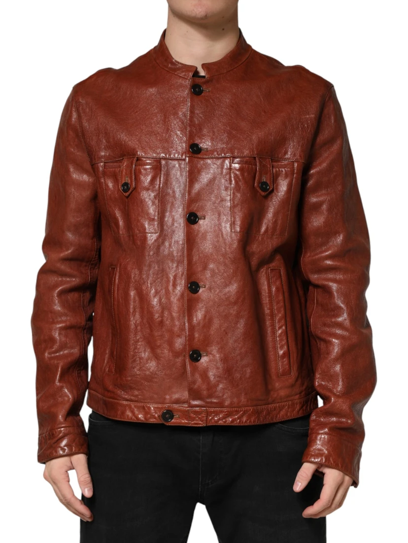 Brown Leather Button Down Men Biker Jacket