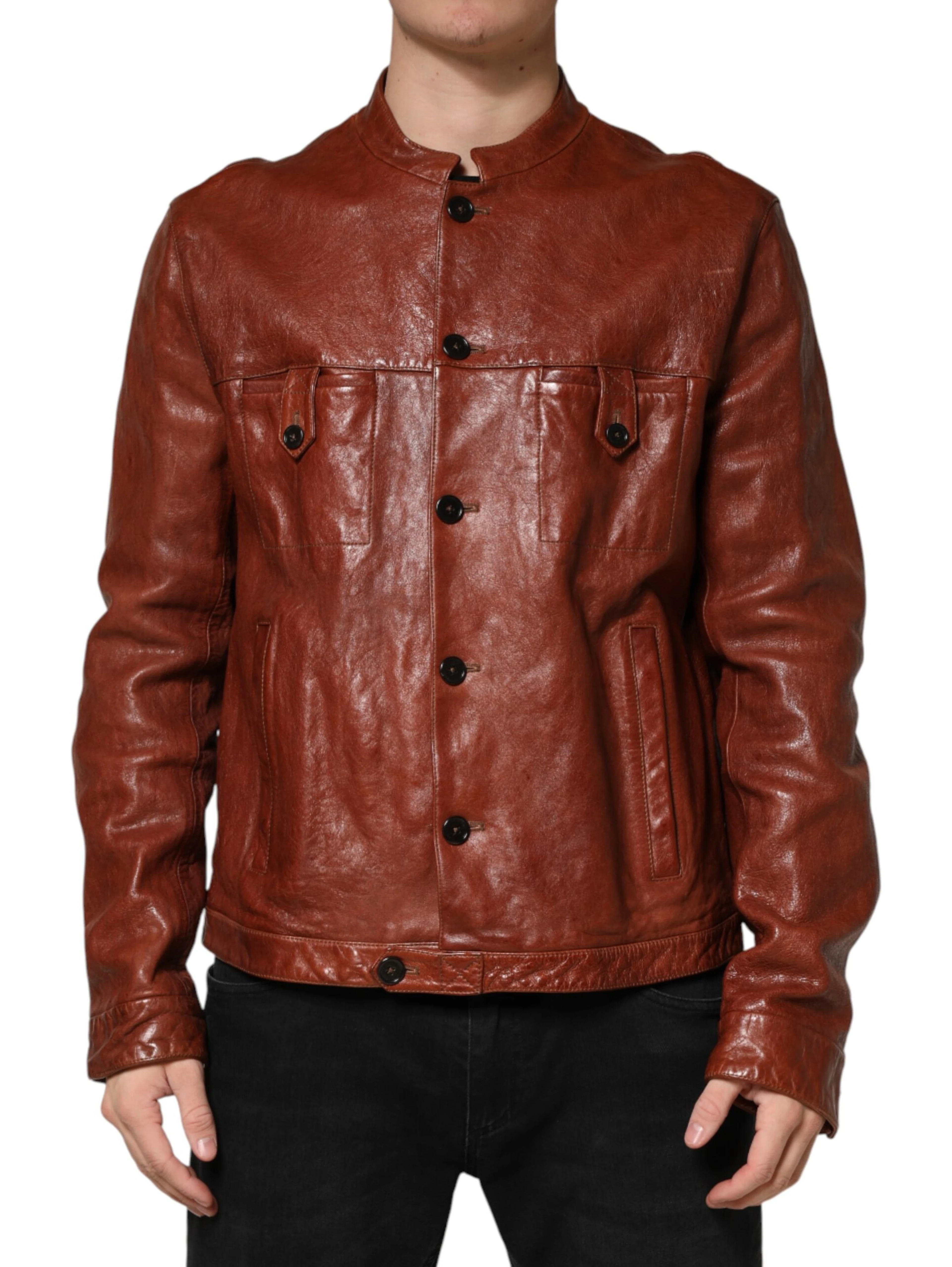 Brown Leather Button Down Men Biker Jacket