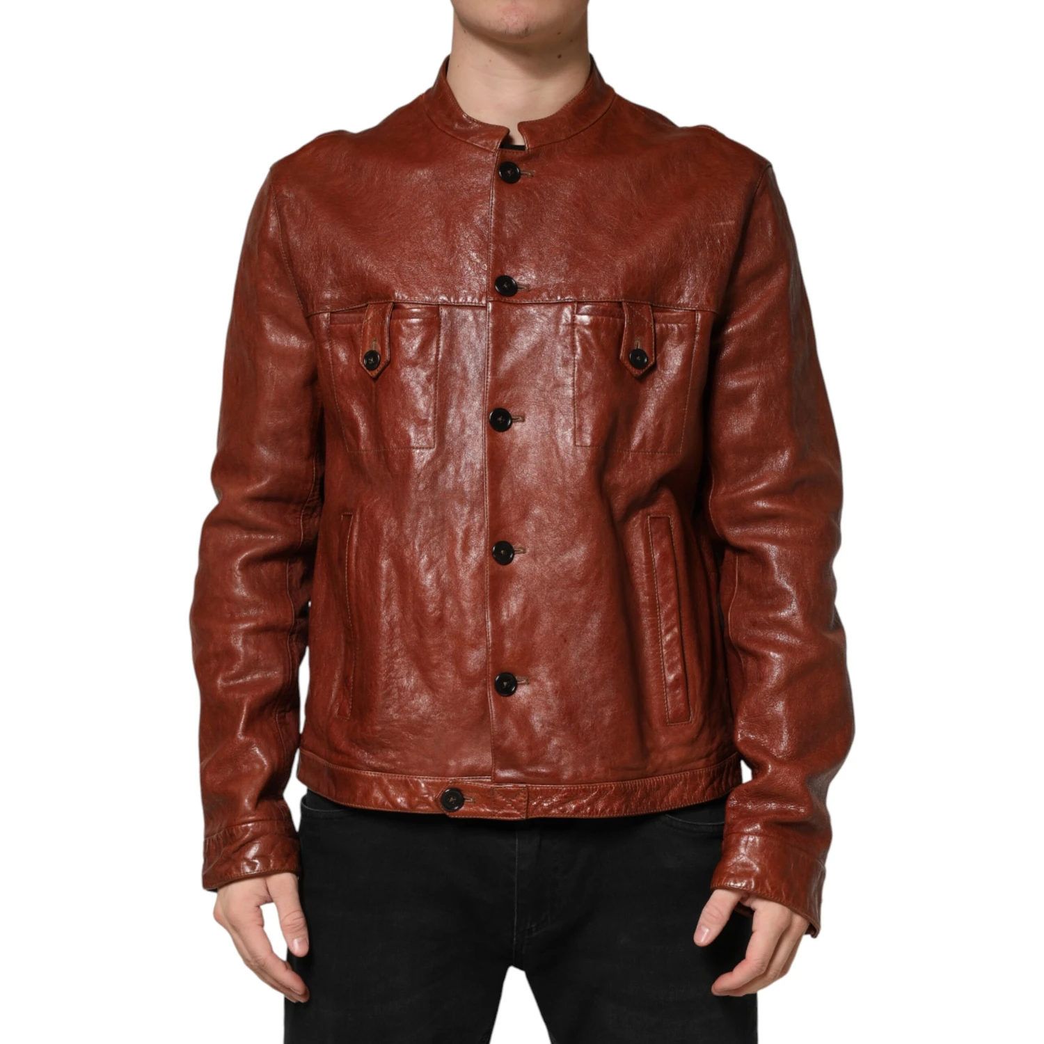 Brown Leather Button Down Men Biker Jacket