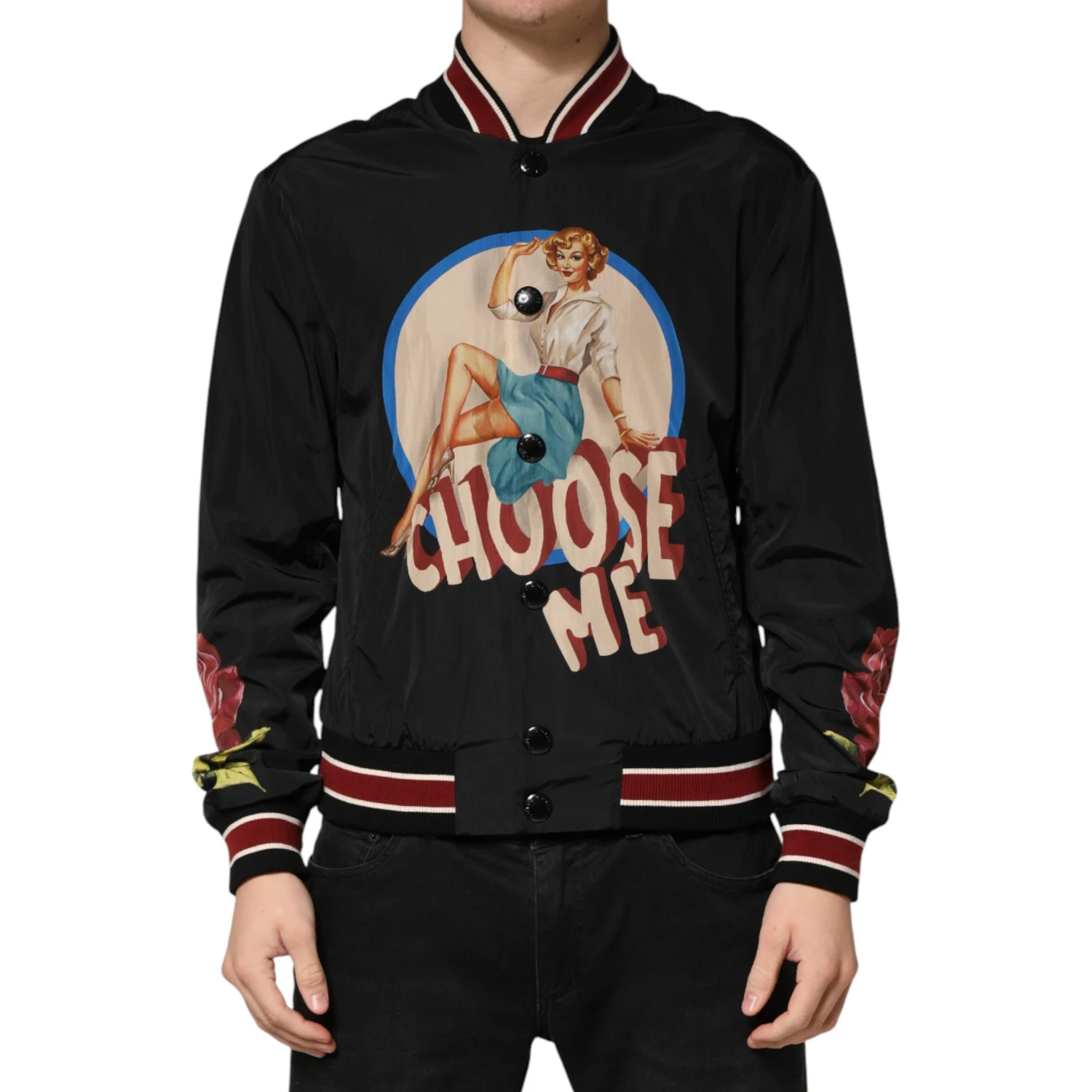 Black Pin Up Button Down Men Bomber Jacket