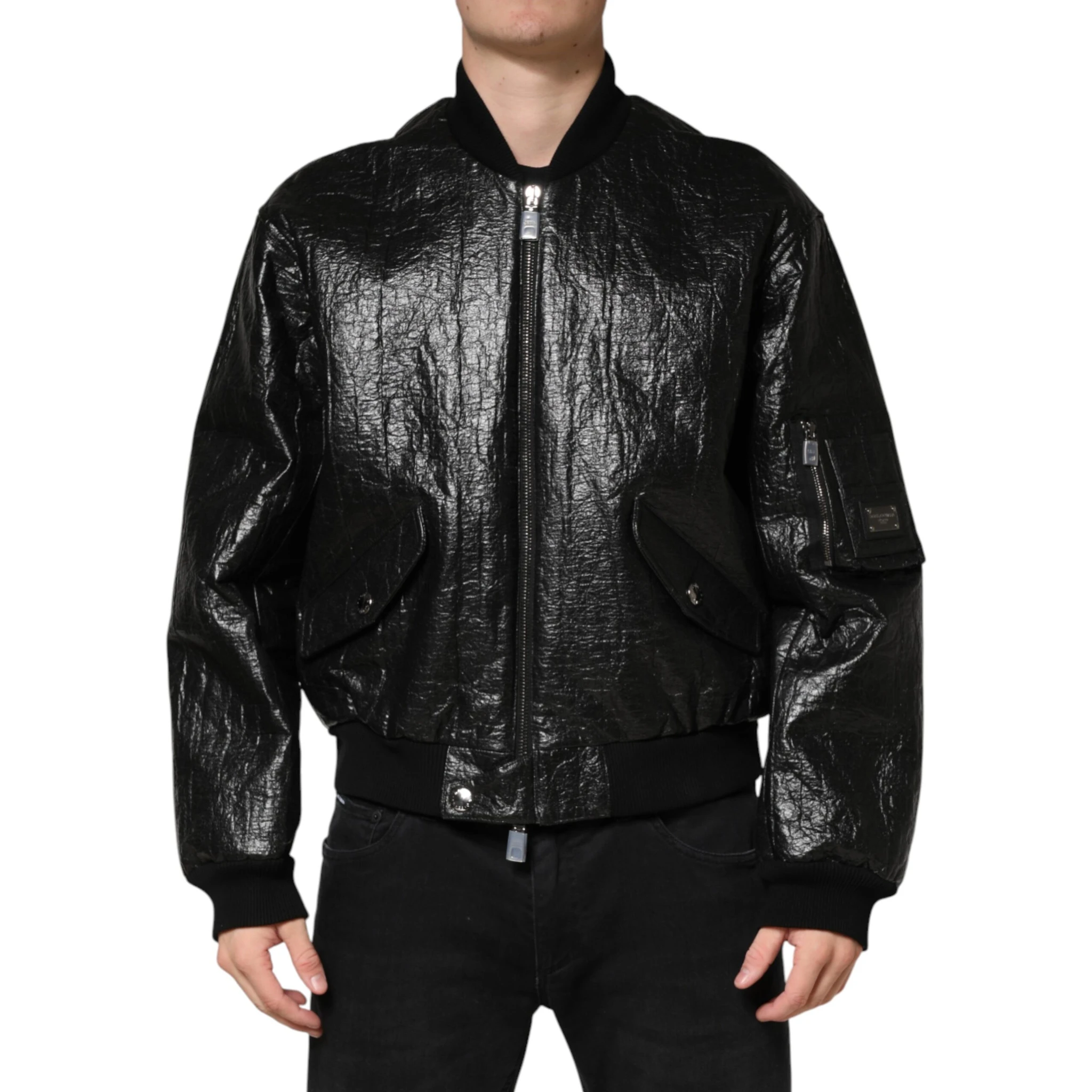 Black Cellulose Leather FullZip Biker Jacket