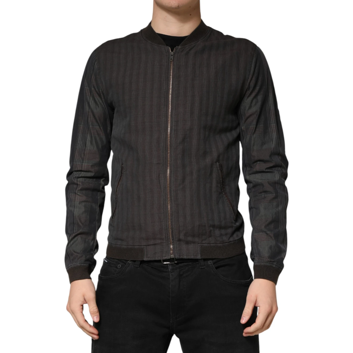 Black Stripes Cotton Full Zip Bomber Jacket