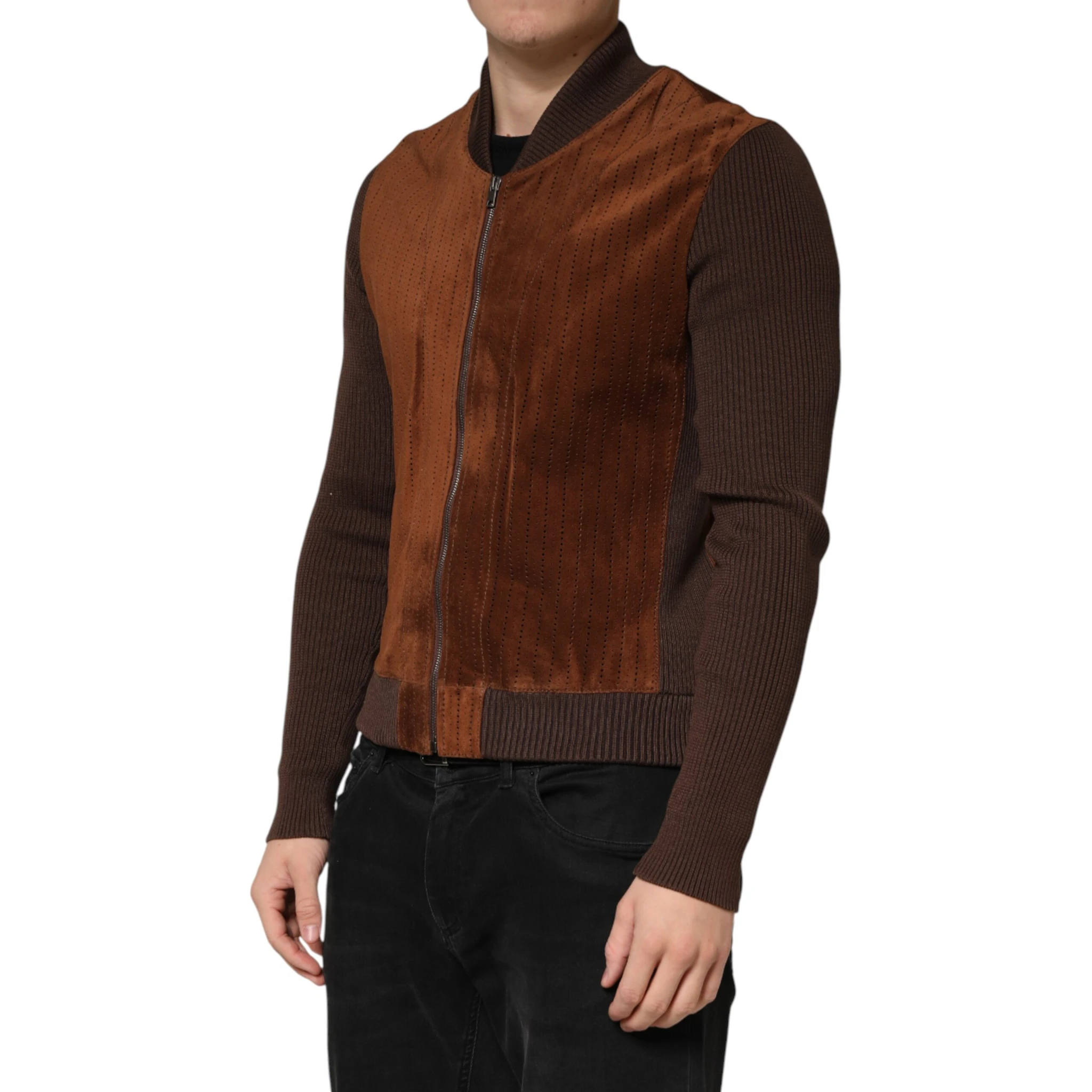 Brown Velvet Calfskin Full Zip Biker Jacket