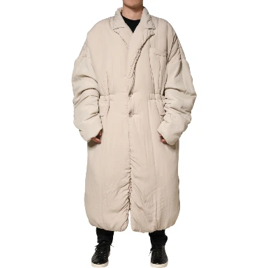 Beige Padded Collared Long Trench Coat Jacket