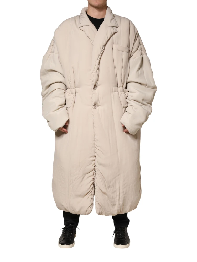 Beige Padded Collared Long Trench Coat Jacket